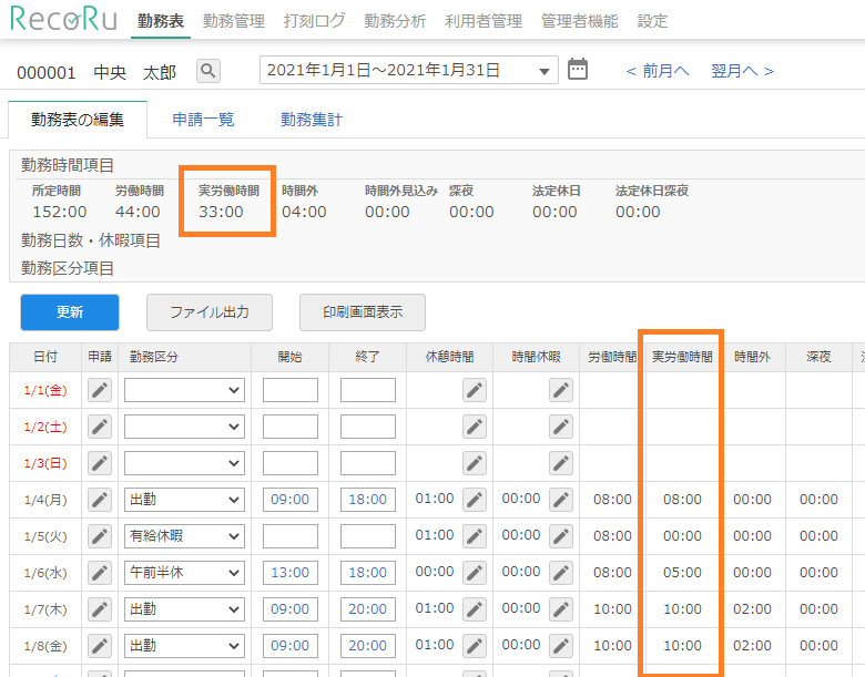 勤務表画面