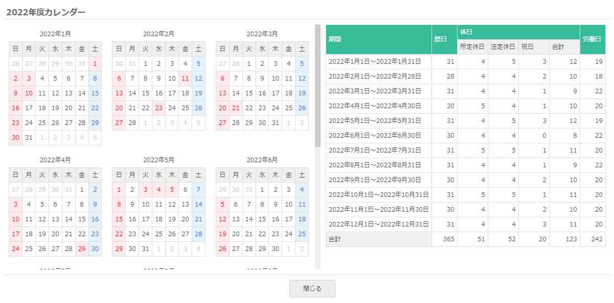 年間カレンダー確認画面